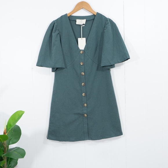 Teal Button Down Puff Sleeve Linen Dress - Picture 3 of 7